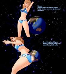 nintendo xenoblade_(series) xenoblade_chronicles fiora_(xenoblade) xavierhuge 1girls bikini blonde_hair blue_bikini body_growth body_growth_(enlargement) female female_focus giantess hyper_giantess growth planet space swimsuit 3d english_text koikatsu text moon destruction ass ass_smash solo solo_focus