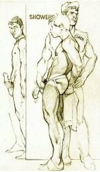 3boys age_difference ass balls coach english_text erection flaccid gay harry_bush jockstrap lowres male male_only masturbation monochrome muscular nipples original penis pubic_hair public_shower shower simple_background spying tan_skin tanline text towel traditional_media white_background yaoi