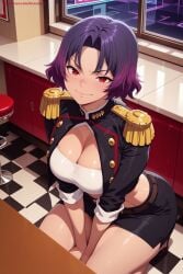 kiraamane ai_generated patreon seductive sexy uncensored watermark hi_res high_quality high_resolution yakumo_ezo mato_seihei_no_slave checkered_floor checkered checkered_background argyle tile_floor tiles argyle_background 1girl breasts chess_piece large_breasts perspective solo epaulettes race_queen skirt red_eyes board_game smile miniskirt short_hair purple_hair looking_at_viewer argyle_legwear indoors on_floor cleavage kneeling black_skirt floor jacket blush between_legs