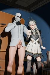 1boy 1girl 3d armored_dress big_penis blender_render erection explicit female fortnite fortnite:_battle_royale gloves hand_on_chest horns iam_yann lexa_(fortnite) looking_at_penis looking_at_viewer looking_down male masked_male nsfw penis penis_erection penis_out seductive seductive_eyes seductive_mouth seductive_smile sexy_pose standing suit teasing white_hair white_suit wild_card_(fortnite)