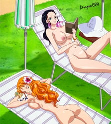 2girls areolae ass back bare_legs black_hair breast_press breasts casual casual_nudity curvy dragonedit erect_nipples female female_only flower grass highres human legs long_hair long_legs multiple_girls nami nami_(one_piece) nico_robin nipples nonsexual_nudity nude nude_filter nudist one_piece one_piece_film_gold orange_hair pale_skin photoshop post-timeskip pussy screencap tattoo thighs uncensored wristwear