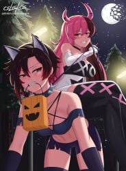 2girls alternate_costume angry annoyed_expression bag black_hair breasts captured choker collar colored crop_top cslucaris earrings fake_animal_ears fake_horns female female_only forest gloves grin grinning halloween hellaverse helluva_boss horns leash leash_pull loona_(cosplay) midriff moon multicolored_hair neo_(rwby) night night_sky petplay pink_eyes rooster_teeth ruby_rose rwby shorts silver_eyes sitting sitting_on_person spiked_collar street_light tagme trick_or_treat_bag verosika_(cosplay) verosika_mayday_(cosplay) viz_media wolf_ears