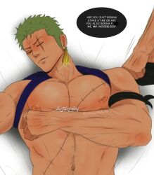 one_piece one_eye_closed roronoa_zoro vinsmoke_sanji pecs bara_tits gay male male_only male/male scraps scar green_hair earrings hands muscular muscular_male human_artist no_ai sadgenuislab