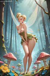 1girl ai_generated artist_name bare_shoulders blonde_hair blue_eyes breasts disney disney_fairies dress fairy fairy_wings flower forest hi_res high_quality high_resolution medium_breasts nature nipples patreon peter_pan_(disney) seductive sexy solo spicytoonai standing tinker_bell tree uncensored watermark wings
