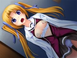 1girl 2000s_(style) areola_slip blonde_hair blue_eyes blue_ribbon blush bra bra_pull breasts clothes_lift clothes_pull cowboy_shot curtained_hair dutch_angle from_above fumizuki_yukari game_asset hair_ribbon hara_hara!! lab_coat lying nipple_stimulation non-web_source on_back open_clothes open_mouth open_shirt panties pleated_skirt raised_inner_eyebrows ribbon school_uniform self-datamine sex_toy skirt skirt_lift small_breasts solo tearing_up twintails underwear variant_set vibrator vibrator_cord vibrator_on_nipple visual_novel_cg yamamoto_christine_maiko_(hara_hara!!)