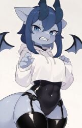 4_fingers ai_edit ai_generated angry_face anthro big_breasts blue_body blue_eyes blue_hair blue_horn blush bodily_fluids breasts choker claws clothing collarbone crop_top cropped_hoodie disembodied_wings dragon exposed_thighs eyebrows female fingers hair hi_res horn jewelry legwear leotard litee navel necklace pulling_clothing shirt smile solo sweat tail thick_thighs topwear underboob white_eyebrows