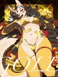 1girls female female_only solo fur furry looking_at_viewer mask kitsune_marks bikini gold_bikini golden_week text english_text kame_3 masked_fox_(kame_3) canid canine fox mammal 2026 3:4 digital_drawing_(artwork) digital_media_(artwork) hi_res 5_fingers anthro bikini_bottom bikini_top biped black_hair breasts claws clothed clothed_anthro clothed_female clothing countershade_fur countershade_torso countershading finger_claws fingers green_eyes hair lying navel on_back open_mouth open_smile orange_body orange_fur orange_tail smile swimwear tail teeth tongue two-piece_swimsuit