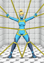 ball_gag bdsm blonde_hair bondage bondage_hood bound fit_female gag gagged gimp_mask gwen_hood hood latex_clothing latex_hood leather_straps metroid muzzled padded_cell padded_room samus_aran straps suichitanaka zero_suit zero_suit_samus