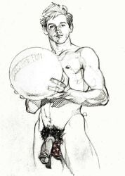 1boy ball_(object) balls_bulge blonde_hair flaccid gay harry_bush looking_at_viewer male male_only monochrome muscular nipples original partially_colored penis pubic_hair simple_background solo traditional_media white_background yaoi