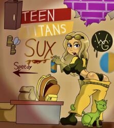 1girls annoyed_expression blonde_female blonde_hair blue_eyes busty_female busty_girl caught_in_the_act cleavage female graffiti_on_wall hand_on_ass hand_on_hip hip_cleavage hourglass_figured_female oc on_the_phone phone size11shaolins snowbunny teen_titans terra_(dc) tight_clothes tight_clothing unzipped wide_hips
