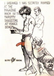 3boys abs ass balls english_text gay half-erect harry_bush licking_ass lowres male male_only monochrome nipples original partially_colored penis pubic_hair public public_nudity reading reading_magazine simple_background text traditional_media white_background yaoi