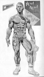 1967 1boy abs bulge converse english_text footwear gay harry_bush male male_only monochrome muscular nipples original pants_removed simple_background socks solo text thong traditional_media vein veiny_muscles white_background yaoi