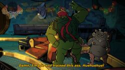 adopted_(lore) adopted_son_(lore) adoptive_father_(lore) alligator_snapping_turtle anthro baconatordeluxe balls big_butt butt butt_grab duo genitals grin hand_on_butt hi_res incest_(lore) long_tail looking_at_another looking_back male male/male mammal mask master_and_disciple master_splinter murid murine nipples penis pose pseudo_incest_(lore) raphael_(tmnt) rat reptile rim_light rise_of_the_teenage_mutant_ninja_turtles rodent scalie shell slightly_chubby smile snapping_turtle subtitled tail teenage_mutant_ninja_turtles text turtle whiskers
