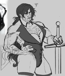 vladcard alucard_(hellsing) vampire solo solo_male lingerie sword long_hair black_hair muscular grumpy thighhighs muscular_male