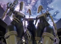 3_fingers 3d_(artwork) absurd_res b1_battle_droid battle_droid blender_(artwork) clanker digital_media_(artwork) female female/female fingers genitals group gun hi_res holding_object holding_ranged_weapon holding_weapon humanoid juanratman looking_at_viewer low-angle_view machine not_furry ranged_weapon robot star_wars trio vulva weapon