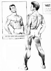 1boy ass back_view english_text flaccid gay harry_bush male male_only mirror mirror_reflection monochrome muscular nipples original penis pubic_hair solo tan_skin tanline text traditional_media yaoi