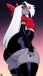 1girls patreon patreon_username patreon_logo patreon_url patreon_link patreon_reward patreon_artist watermark artist_logo entrophex123 breasts long_eyelashes black_hair hair_over_one_eye high_resolution high_quality ai_generated ai ai-created ai_art half-closed_eyes vaggie_(hazbin_hotel) vaggie grey_body grey_skin white_hair red_shirt collared_shirt choker black_choker elbow_gloves black_nails huge_ass large_ass gigantic_ass giant_ass tight_clothing long_hair x_eyes looking_away ribbon_in_hair red_ribbon pink_sclera gradient_sclera white_eyes slit_pupils sweat from_side from_below gluteal_fold