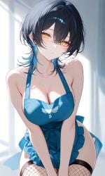ai ai-created ai_assisted ai_generated apron apron_only blue_hair cleavage curvy curvy_figure fishnet fishnet_legwear impacter layered_hair looking_at_viewer no_watermark original original_character pixai red_eyeshadow wolf_cut wolfcut yellow_eyes
