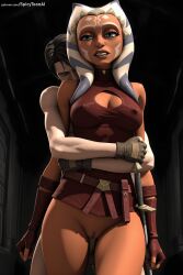 spicytoonai ai_generated patreon seductive sexy uncensored watermark hi_res high_quality high_resolution ahsoka_tano star_wars 1girl gloves breasts fingerless_gloves black_hair blue_eyes pussy no_panties weapon sword torn_clothes sleeveless solo medium_breasts large_breasts
