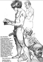 3boys abs ass balls english_text gay half-erect harry_bush licking_ass male male_only monochrome nipples original penis pubic_hair public public_nudity reading reading_magazine simple_background text traditional_media white_background yaoi
