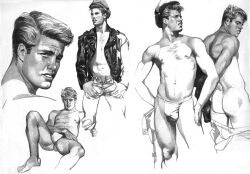 1965 1boy ass blonde_hair bulge gay harry_bush laying_down leather leather_jacket male male_only monochrome muscular nipples original pants_down solo tan_skin textless thong traditional_media undressing unzipped unzipped_pants yaoi