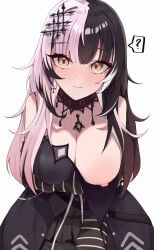 1girls arm_warmers black_hair blushing choker hair_ornament hololive hololive_english hololive_english_-advent- nipple_slip question_mark shiori_novella solo solo_female two-tone_hair vicarious vicarious_(vicillust) virtual_youtuber vtuber vtuberfanart wardrobe_malfunction white_hair