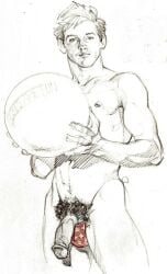 1boy ball_(object) balls_bulge blonde_hair flaccid gay harry_bush looking_at_viewer male male_only monochrome muscular nipples original partially_colored penis pubic_hair simple_background solo traditional_media white_background yaoi