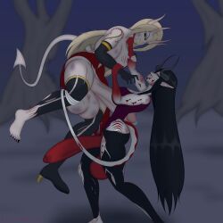 2futas 2girls background biceps big_penis bite_mark black_hair black_sclera blonde_hair blood_stain bruise bruised bruised_ass bruised_balls bruised_face bruised_leg choking demon_girl demon_horns demon_tail digital_media_(artwork) erect_penis female fight fighting forest_background futa_only futanari gold_eyes grin grinning holding_neck kawaiiredpandas long_hair pointy_ears precum red_eyes scratch_marks scratches struggling tagme tail_wrapped_around_leg thick_thighs torn_clothes torn_clothing velzithen_(kawaiiredpandas) white_skin