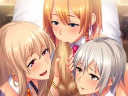 3girls assisted_fellatio blonde_hair blush bracelet braid censored collaborative_fellatio detached_collar earrings ecchi_na_menu_hajimemashita!:_yariman_jk_no_famires_gohoushi_arbeit erection eyebrows fellatio game_cg handjob hibino_matsuri highres hoop_earrings isao long_hair looking_at_another looking_down mosaic_censoring multiple_girls open_mouth oral orange_hair original parted_lips penis pink_eyes pov red_eyes shindou_tamako short_hair single_braid smile sunohara_yuika teamwork white_hair yellow_eyes