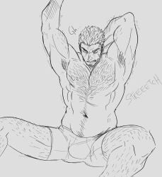 alexander_anderson hellsing artist_request request human_artist human_made human_art human_drawn no_ai stretching bara muscular_male priest almost_nude almost_naked grumpy solo solo_male hairy hairy_male hairy_armpits hairy_chest hairy_legs hairy_arms nipples nips male_nipples slightly_chubby big_thighs big_pecs alucard_is_drooling knees abs adult adult_only