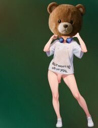 ai_generated bear ben_10 blue_headphones costume exposed_penis furry_with_non-furry futanari gwen_tennyson headphones holding_head mischievous_smile no_bra no_panties no_underwear not_ai_generated not_furry nude_futa nude_male_clothed_femboy paperdoll_construction partially_clothed red_hair red_lips see-through_clothing see-through_shirt shoes white_shirt white_shoes white_skin words
