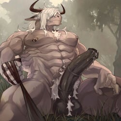 2_horns abs animal_genitalia animal_penis anthro ball_tuft balls barazoku big_muscles big_pecs big_penis elden_ring equid equine equine_genitalia equine_penis erection fromsoftware fur genitals grey_body grey_fur hair hi_res holding_leash holding_object horn horse huge_penis leash leash_pull leashed_viewer male mammal muscular muscular_anthro muscular_male outside pecs penis pubes rein_v solo spread_legs spreading torrent_(elden_ring) tuft white_hair