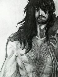 alucard_(hellsing) bare_chest beard black_and_white black_hair cloak hairy hellsing long_hair male male_only monochrome muscular_male pecs solo vampire vladcard
