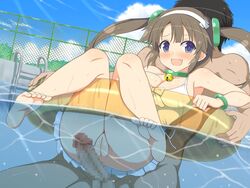 1boy accurate_art_style ass barefoot bell blush breasts censored censored_penis cute_fang feet female minori_(senran_kagura) open_mouth partially_submerged partially_submerged_sex pussy senran_kagura soles tagme toes twintails underwater yaomai