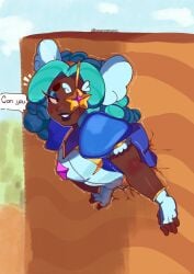 bananamusicc black_lipstick blue_hair blush brawl_stars breasts dark-skinned_female dark_skin headgear juju_(brawl_stars) looking_back makeup one_eye_covered short_hair speech_bubble starr_patrol_(brawl_stars) starr_patrol_juju_(brawl_stars) stuck stuck_in_wall sweat sweatdrop tagme text trembling uniform