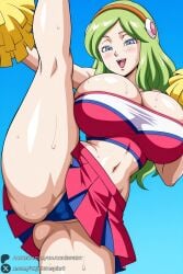 1girl breasts cheerleader solo green_hair pom_pom_(cheerleading) blue_eyes long_hair sweat skirt navel underwear panties blue_panties cleavage open_mouth looking_at_viewer smile blush split large_breasts midriff huge_breasts leg_up standing_split standing blue_background cameltoe standing_on_one_leg brianne_de_chateau dragon_ball dragon_ball_super unjobdespiert ai_generated 1female curvy huge_ass big_breasts big_ass 1girls 2026 artist_name watermark hi_res highres high_quality high_resolution patreon_username patreon