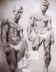 2boys abs blonde_hair bulge cigarette english_text gay harry_bush male male_only monochrome muscular newspaper nipples original posing sign simple_background speedo tan_skin text traditional_media white_background yaoi