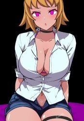 absurd_res absurdres altered_common_sense blonde_hair_female blushing_female change_in_common_sense choker cleavage collarbone denim_short_shorts denim_shorts emotionless emotionless_female empty_eyes expressionless female_only femsub heavenly_body huge_breasts human_puppet hypnotized_female jean_shorts leaning lingerie maledom mind_alteration mind_control nameless_character navel navel_tattoo original pink_eyes pink_lingerie rapist_pov rp_(artist) short_hair sitting source_request thigh_belt unaware unaware_hypnosis unbothered unbuttoned_shorts unnamed_character watermark