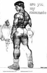 1987 1boy ass big_ass dated english_text gay harry_bush male male_only mirror monochrome original solo tan_skin tanline text traditional_media yaoi