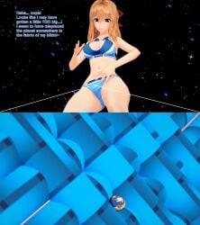 1girls 3d bikini blonde_hair blue_bikini body_growth body_growth_(enlargement) clothing_entrapment english_text female female_focus fiora_(xenoblade) giantess growth hyper_giantess koikatsu nintendo panty_entrapment planet solo solo_focus space swimsuit text xavierhuge xenoblade_(series) xenoblade_chronicles zoom_in