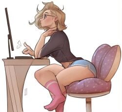 tomphelippe resident_evil resident_evil_9:_requiem grace_ashcroft 1girls female female_only short_hair wavy_hair blonde_hair glasses blonde blonde_female clothed_female sitting sitting_on_chair shorts pink_socks curvy_female curvy_thighs curvy_figure curvy thighs thick_thighs wide_hips wide_thighs huge_thighs huge_hips hips thick_hips waist ass huge_ass blush blushing blue_eyes