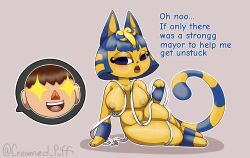 2021 animal_crossing ankha_(animal_crossing) anthro bandage big_breasts black_nose blue_eyebrows blue_hair blush breasts creamedpufff cute_fangs dialogue domestic_cat duo english_text eyebrows fangs felid feline felis female hair head_accessory hi_res human looking_at_viewer male mammal markings mostly_nude_female navel nintendo nipples open_mouth outline signature simple_background speech_bubble striped_markings striped_tail stripes tail tail_markings teeth text thick_thighs villager_(animal_crossing) white_outline yellow_inner_ear