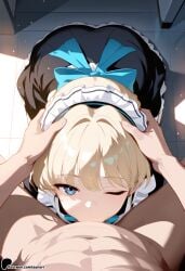 1girl blonde_hair blue_eyes blue_hairband earrings fellatio hand_on_another's_head hat hetero one_eye_closed oral pov solo_focus tile_floor tiles blue_archive toki_(blue_archive) sunori ai_generated