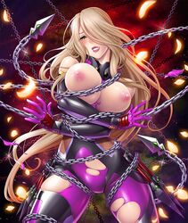 artist_request blonde_hair blush bodysuit bondage breasts chains character_request crossed_arms curvy elbow_gloves female female_only green_eyes huge_breasts kunai lilith-soft long_hair looking_at_viewer nipples no_bra puffy_nipples sano_toshihide shiny_skin simple_background taimanin_(series) taimanin_asagi taimanin_asagi_battle_arena torn_clothes weapon white_background white_skin