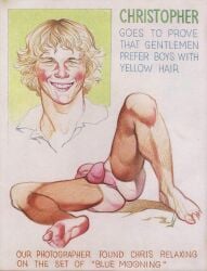 1boy actor ass balls barefoot blonde_hair christopher_atkins english_text flaccid gay green_eyes grin happy harry_bush light_skin male male_only nude original penis real_person simple_background solo tan_skin tanline text traditional_media white_background yaoi