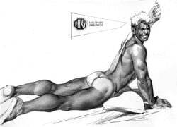 1boy ass bed blonde_hair gay harry_bush male male_only monochrome muscular original pillow simple_background solo syringe tan_skin tanline traditional_media white_background yaoi