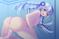 1boy :d artist_request ass blue_hair braid censored character_request cum cum_in_pussy female flat_chest flower flower_knight_girl game_cg hair_flower hair_ornament light_blue_hair long_hair looking_back multiple_braids nipples nude official_art open_mouth overflow purple_eyes quad_braids sex shiny shiny_skin smile solo_focus straight sweat vaginal_penetration