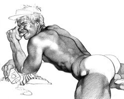 1979 1boy ass balls big_ass blonde_hair gay happy harry_bush male male_only monochrome muscular nipples original penis simple_background solo sunscreen tan_skin tanline traditional_media visor white_background yaoi