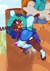anal anal_penetration ass ass_focus back_view bananamusicc black_lipstick blue_hair blush brawl_stars breasts cum cum_inside dark-skinned_female dark_skin drooling gris_gris_(brawl_stars) headgear heart juju_(brawl_stars) makeup moaning one_eye_covered onomatopoeia penetration pussy short_hair starr_patrol_(brawl_stars) starr_patrol_juju_(brawl_stars) stockings stuck stuck_in_wall sweat sweatdrop sweating tagme text trembling uniform wet wet_pussy