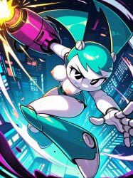 1girls 2d 2d_(artwork) ai ai_art ai_generated blue_eyes blue_hair blush breasts cannon colored_nipples futuristic gun jenny_wakeman looking_at_viewer my_life_as_a_teenage_robot nickelodeon nipples robot robot_girl skirt smile solo solo_focus technology white_body